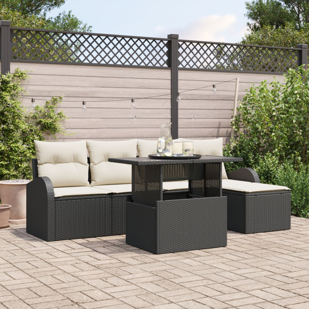 Produktbild för Trädgårdsoffset med kudde med lagring 6 pcs Svart Poly rattan