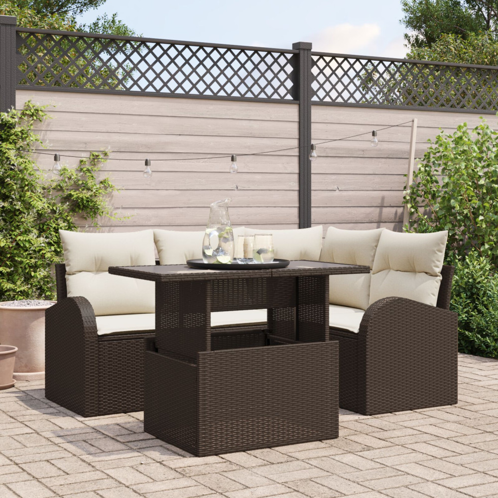 Produktbild för Trädgårdsoffset med kudde med lagring 5 pcs Brun Poly rattan