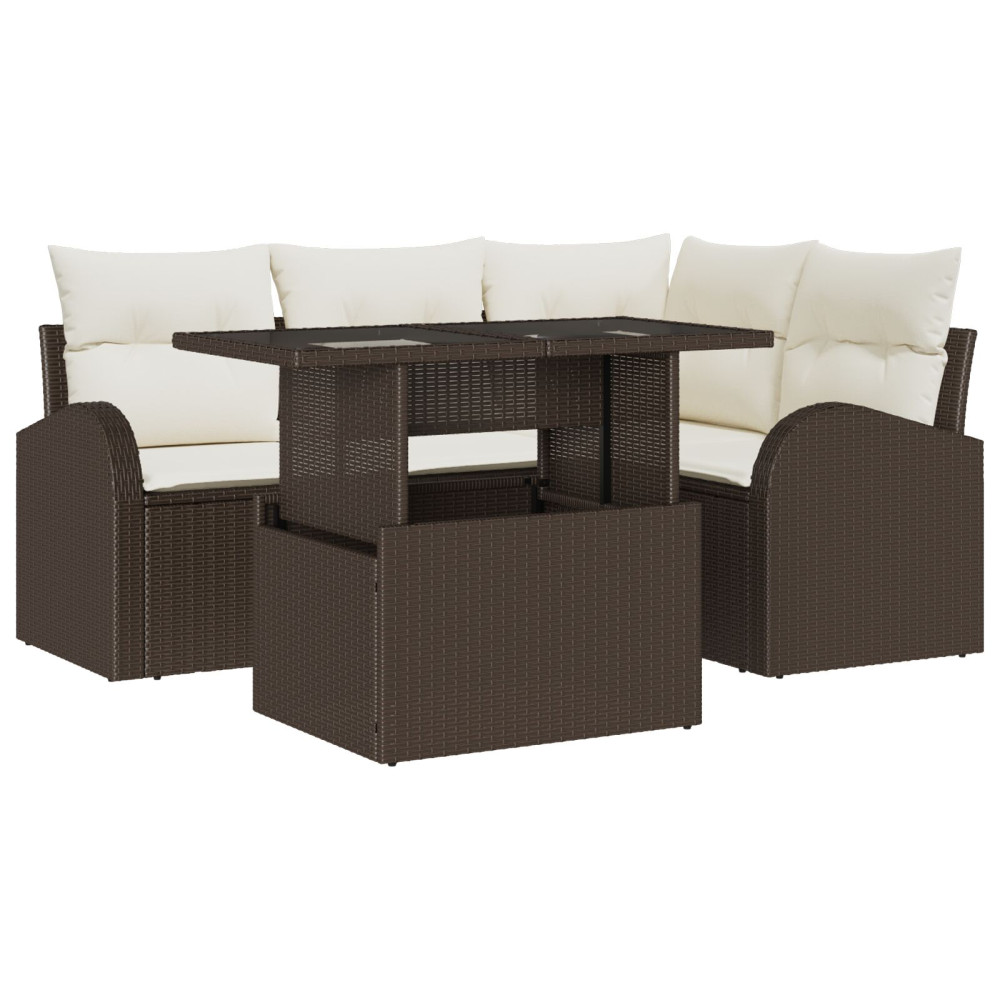 Produktbild för Trädgårdsoffset med kudde med lagring 5 pcs Brun Poly rattan