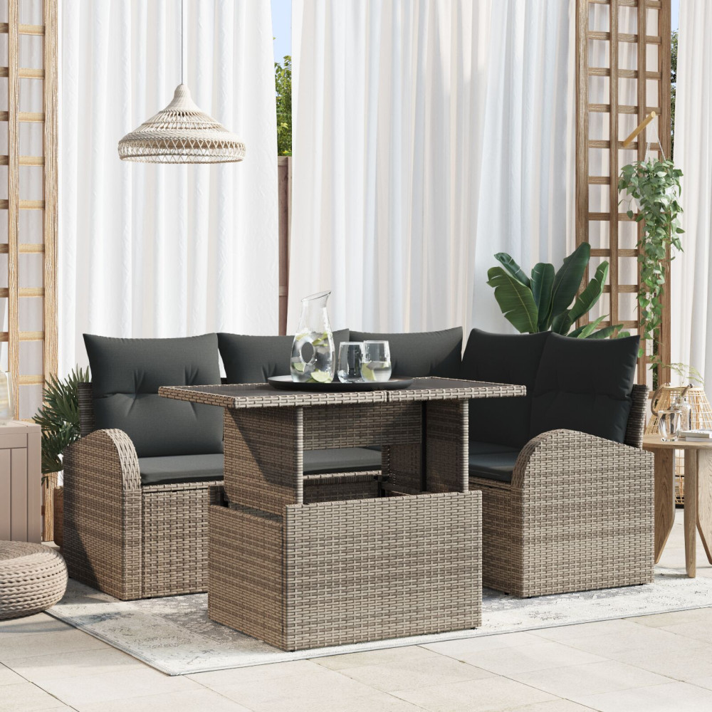 Produktbild för Trädgårdsoffset med kudde med lagring 5 pcs Grå Poly rattan
