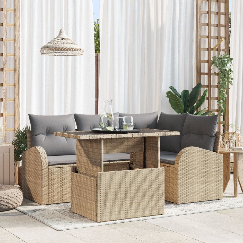 Produktbild för Trädgårdsoffset med kudde med lagring 5 pcs Beige Poly rattan