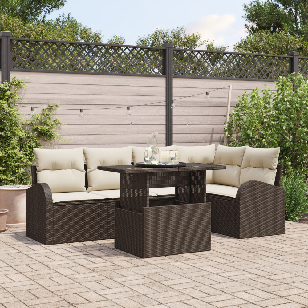 Produktbild för Trädgårdsoffset med kudde med lagring 6 pcs Brun Poly rattan