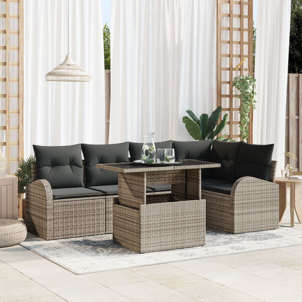 Produktbild för Trädgårdsoffset med kudde med lagring 6 pcs Grå Poly rattan
