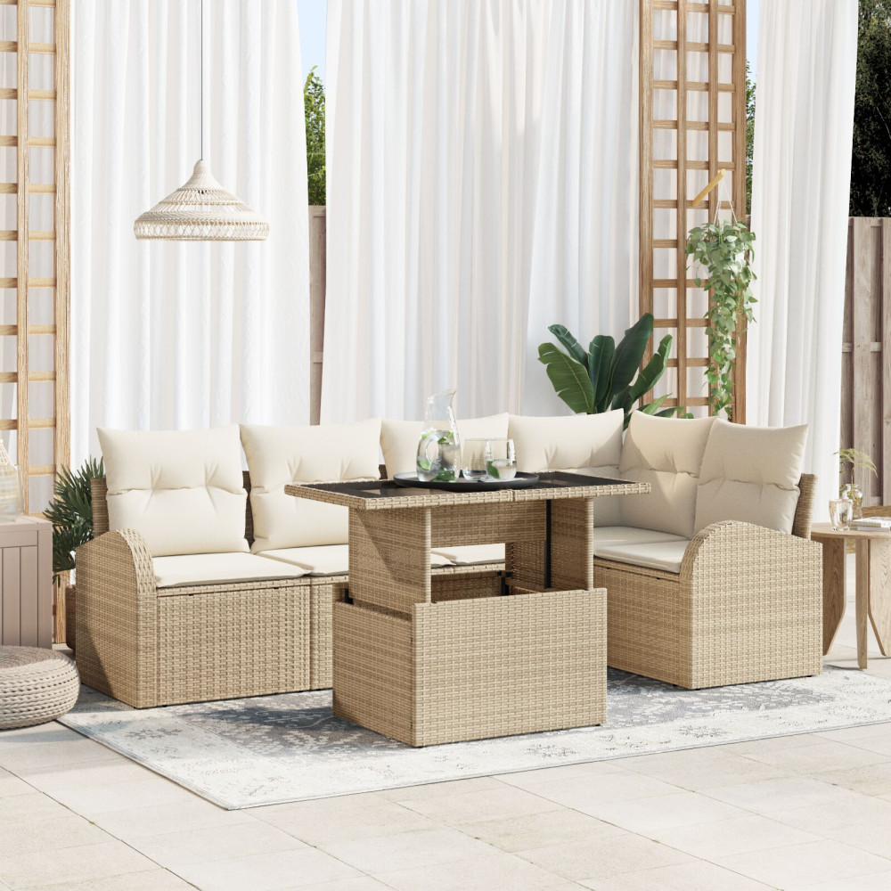 Produktbild för Trädgårdsoffset med kudde med lagring 6 pcs Beige Poly rattan