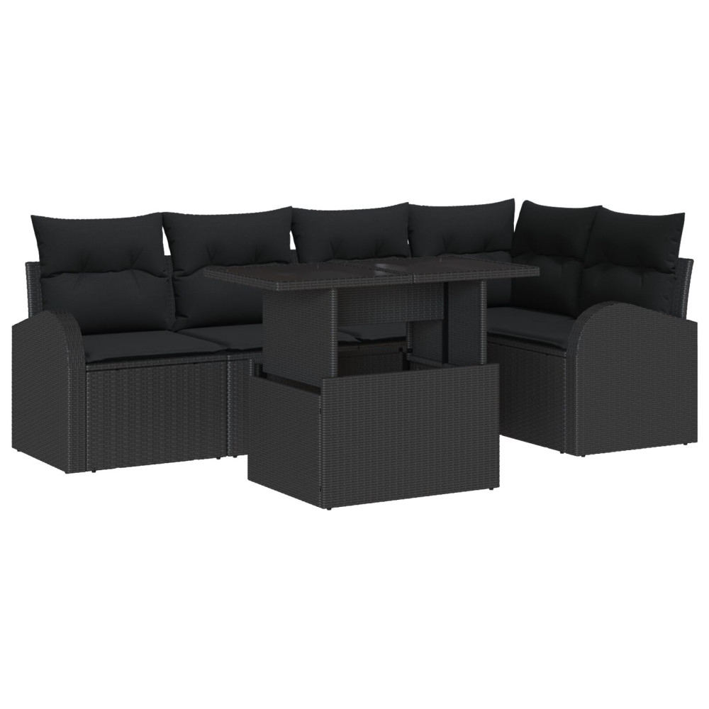 Produktbild för Trädgårdsoffset med kudde med lagring 6 pcs Svart Poly rattan