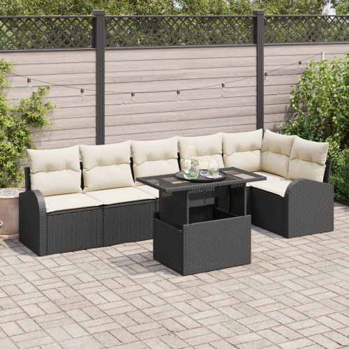 vidaXL Trädgårdsoffset med kudde med lagring 7 pcs Svart Poly rattan