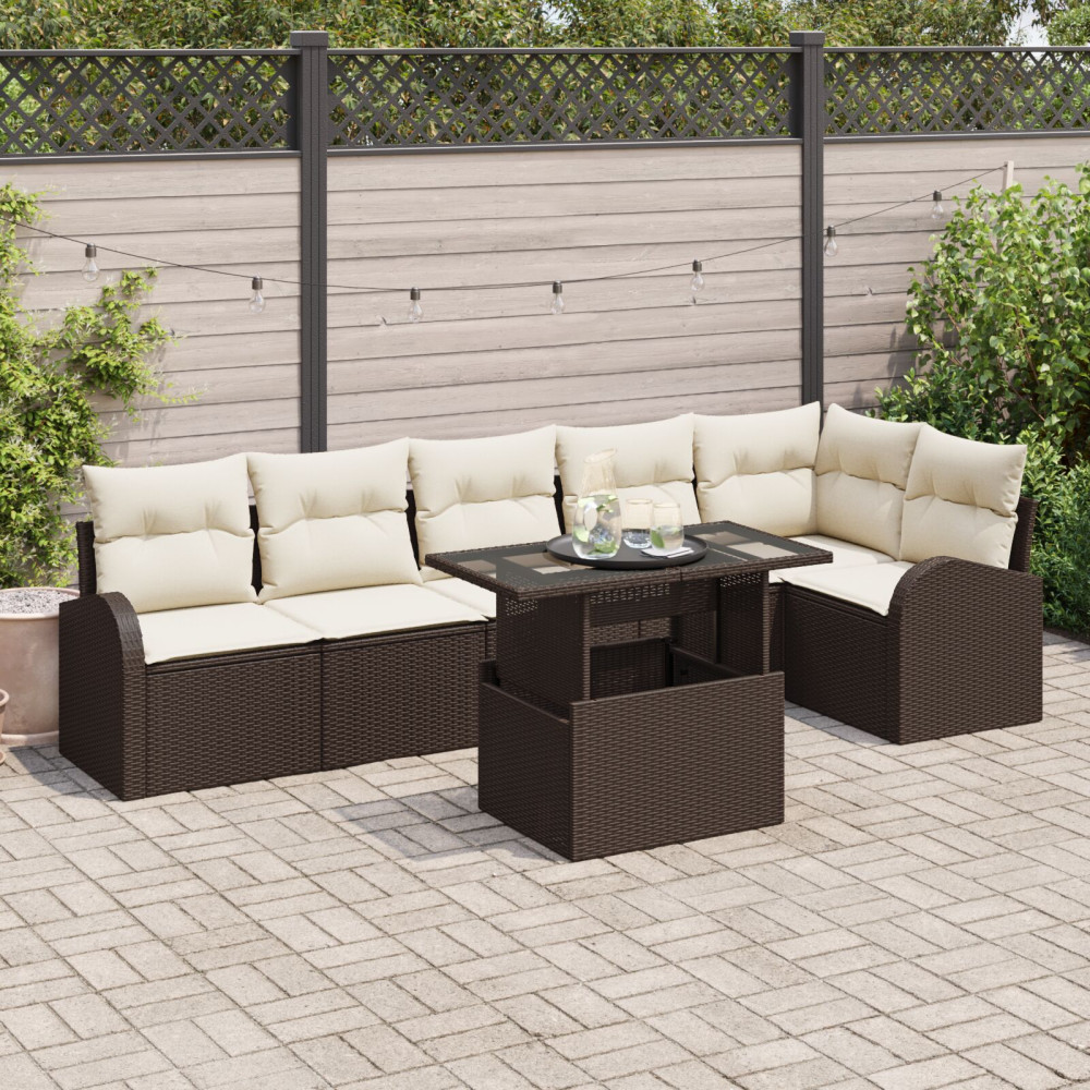 Produktbild för Trädgårdsoffset med kudde med lagring 7 pcs Brun Poly rattan