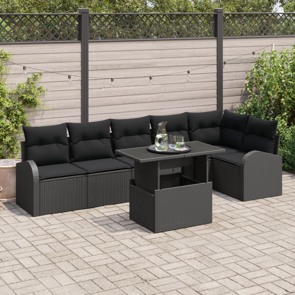Produktbild för Trädgårdsoffset med kudde med lagring 7 pcs Svart Poly rattan