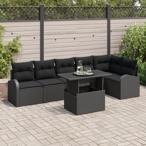 vidaXL Trädgårdsoffset med kudde med lagring 7 pcs Svart Poly rattan