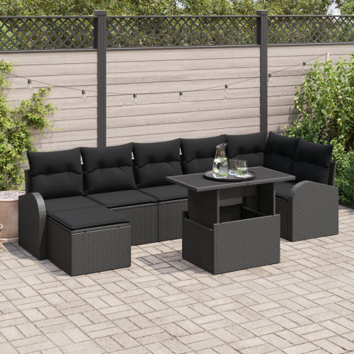vidaXL Trädgårdsoffset med kudde med lagring 8 pcs Svart Poly rattan