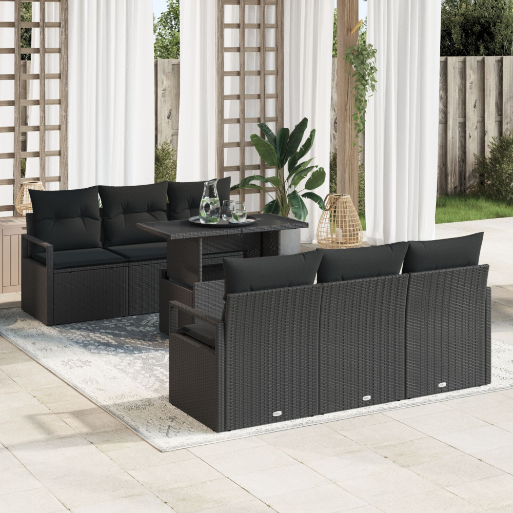Produktbild för Trädgårdsoffset med kudde med lagring 7 pcs Svart Poly rattan