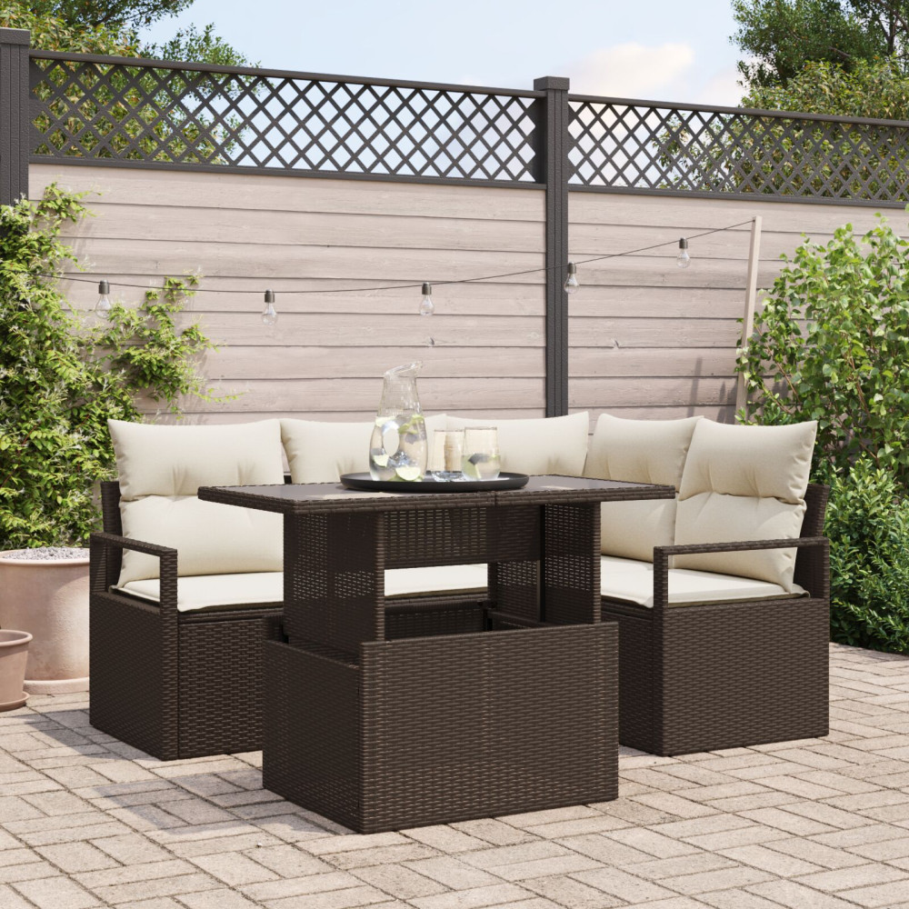 Produktbild för Trädgårdsoffset med kudde med lagring 5 pcs Brun Poly rattan