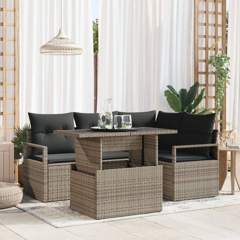 Produktbild för Trädgårdsoffset med kudde med lagring 5 pcs Grå Poly rattan