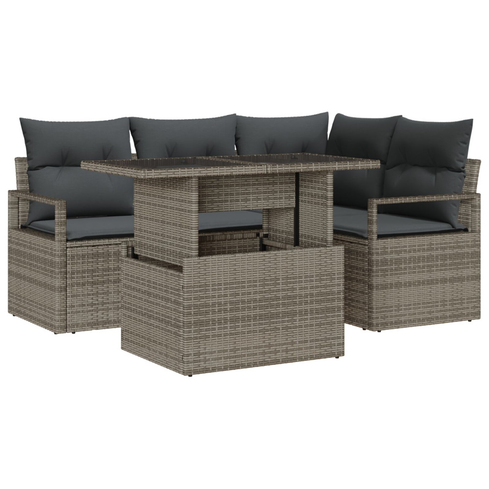 Produktbild för Trädgårdsoffset med kudde med lagring 5 pcs Grå Poly rattan