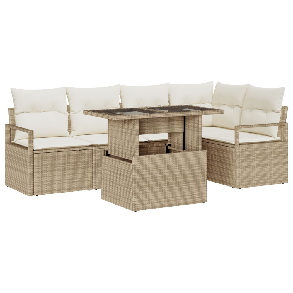 Produktbild för Trädgårdsoffset med kudde med lagring 6 pcs Beige Poly rattan