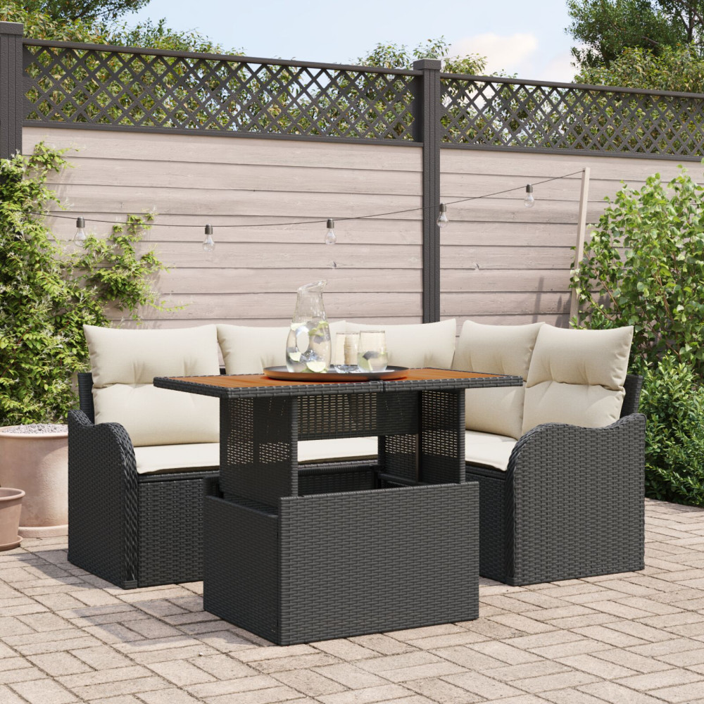 Produktbild för Trädgårdsoffset med lagring 5 pcs Svart Poly rattan