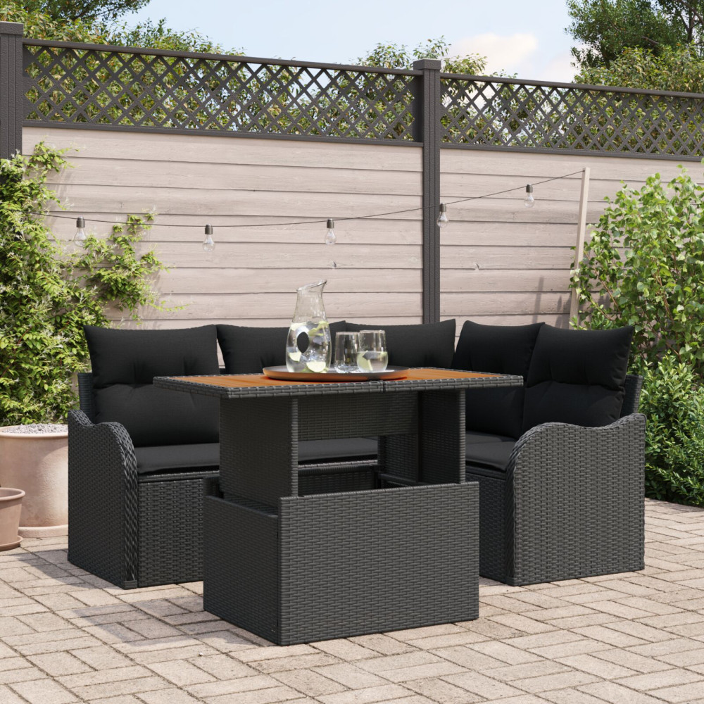 Produktbild för Trädgårdsoffset med lagring 5 pcs Svart Poly rattan