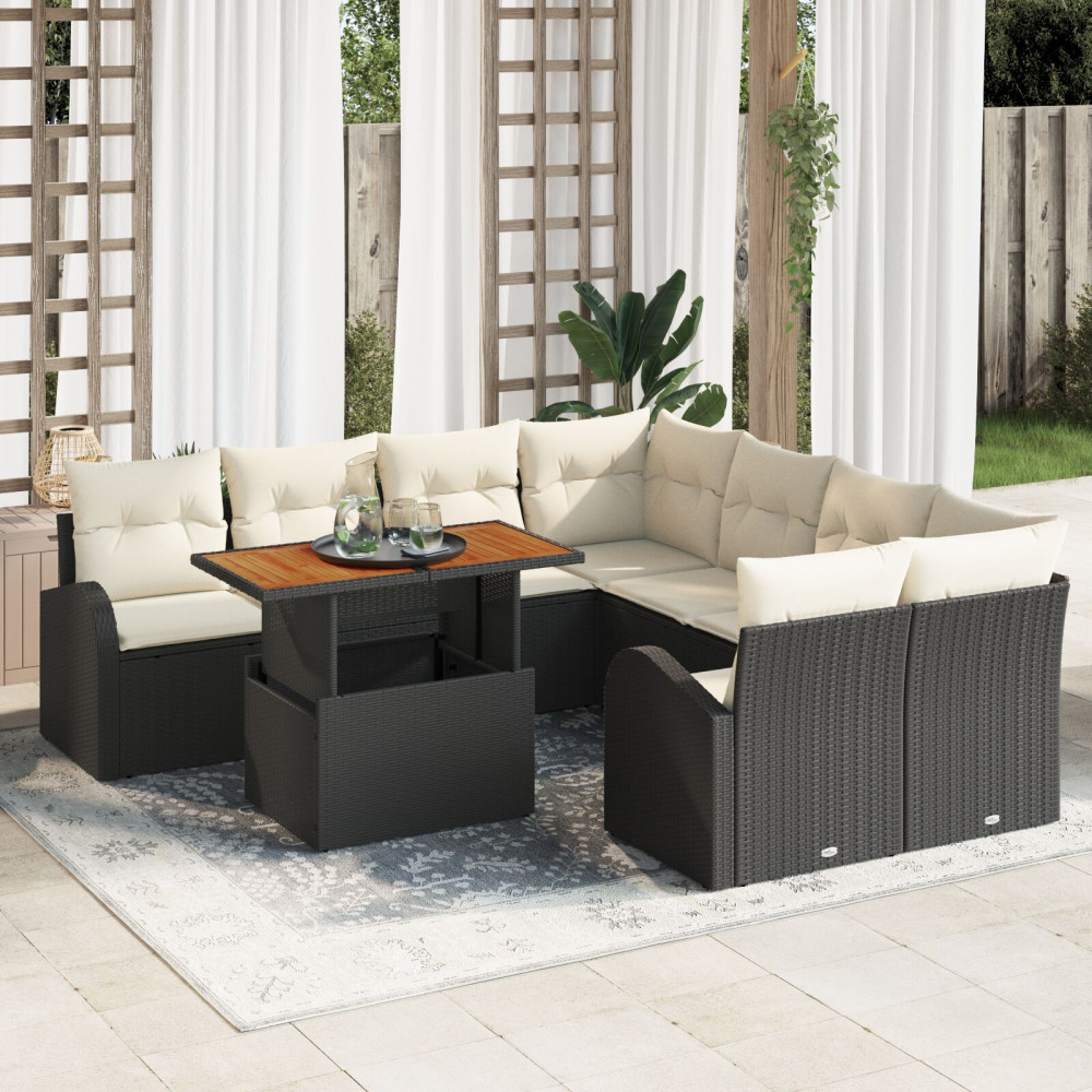 Produktbild för Trädgårdsoffset med lagring 9 pcs Svart Poly rattan
