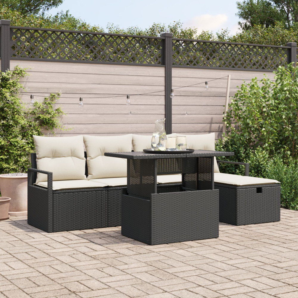 Produktbild för Trädgårdsoffset med kudde med lagring 6 pcs Svart Poly rattan