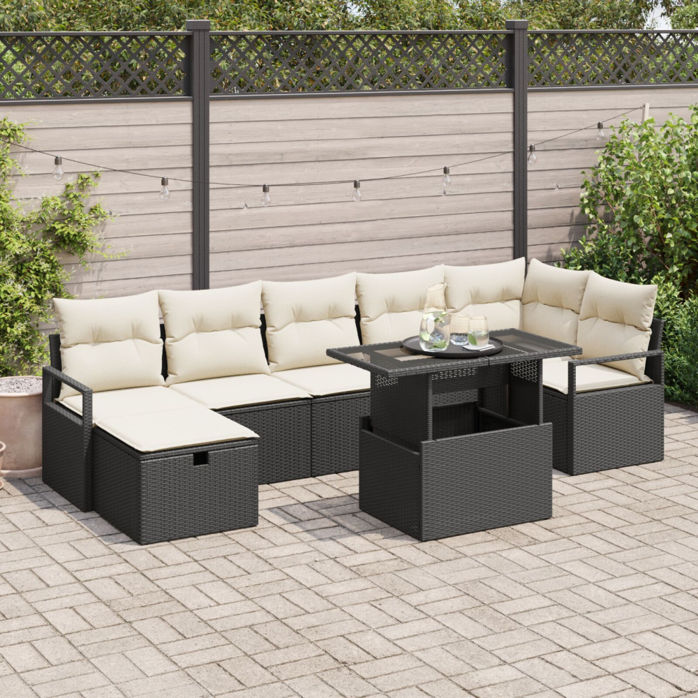 Produktbild för Trädgårdsoffset med kudde med lagring 8 pcs Svart Poly rattan