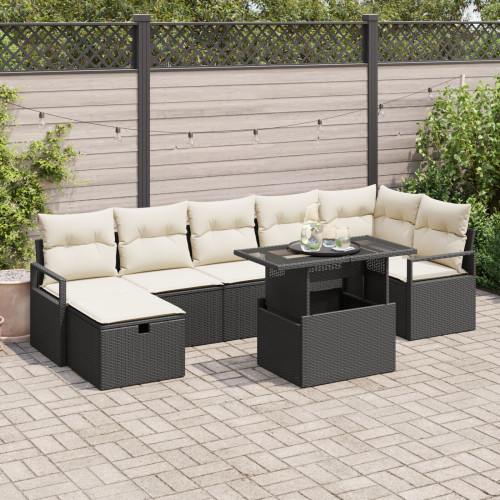 vidaXL Trädgårdsoffset med kudde med lagring 8 pcs Svart Poly rattan
