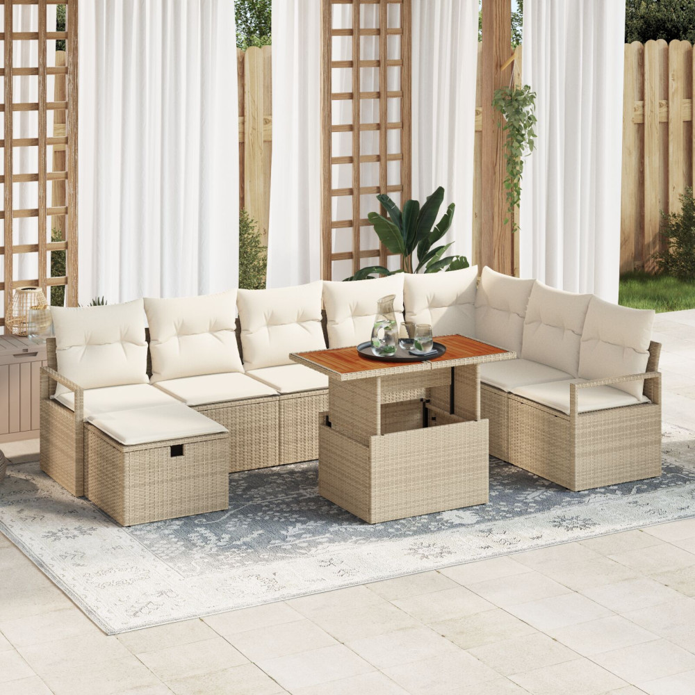 Produktbild för Trädgårdsoffset med kudde med lagring 9 pcs Beige konstrotting