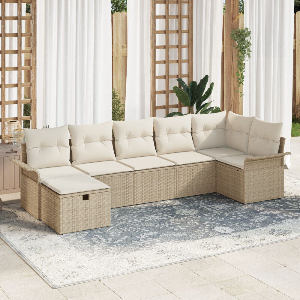 Produktbild för Trädgårdsoffset med kudde med lagring 7 pcs Beige Poly rattan