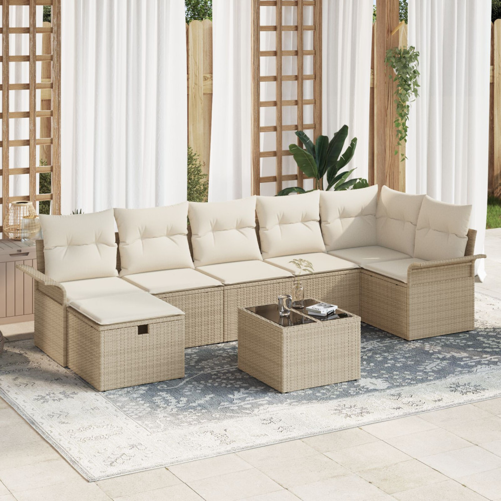 Produktbild för Trädgårdsoffset med kudde med lagring 8 pcs Beige Poly rattan