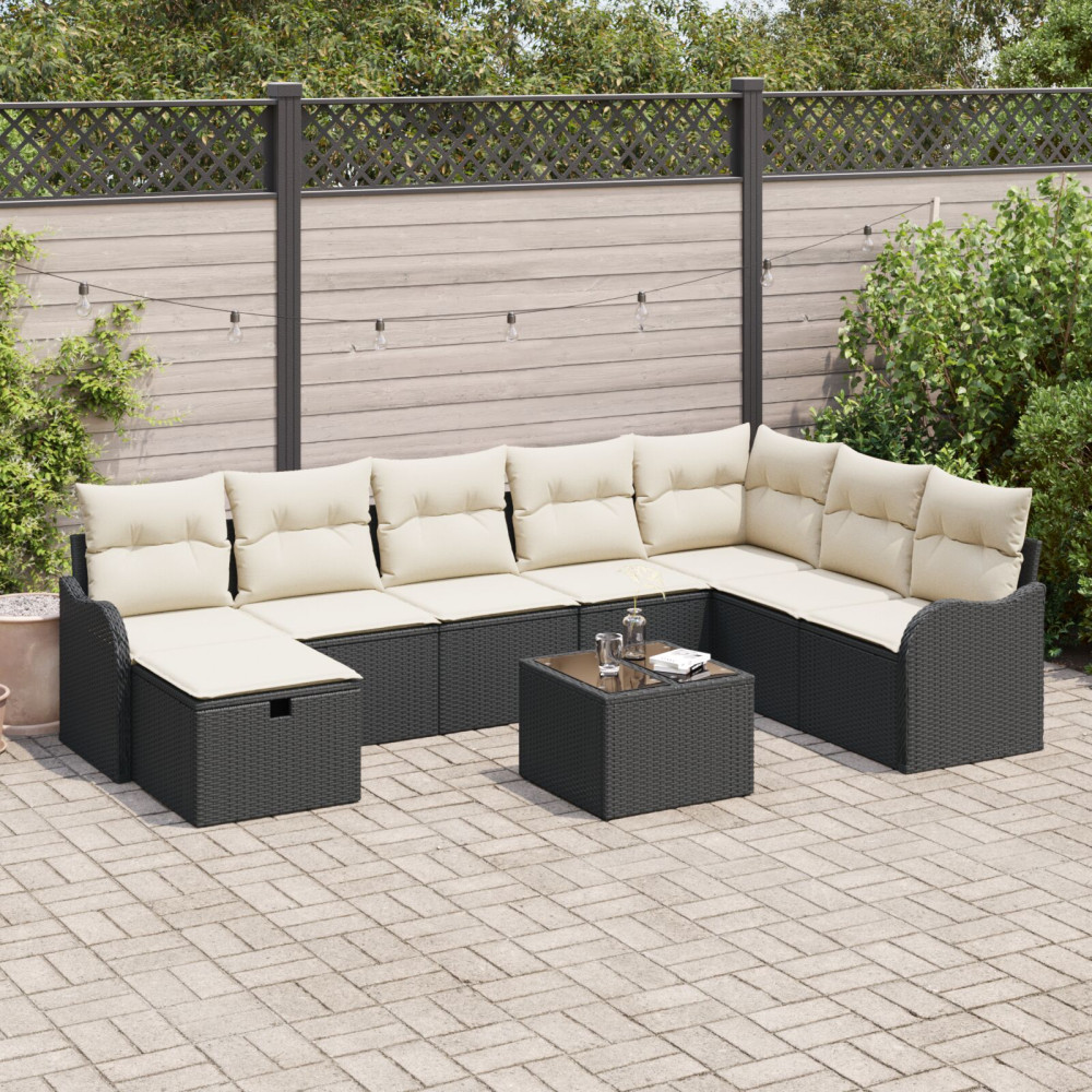Produktbild för Trädgårdsoffset med kudde med lagring 9 pcs Svart Poly rattan