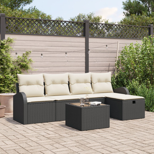 vidaXL Trädgårdsoffset med kudde med lagring 6 pcs Svart Poly rattan