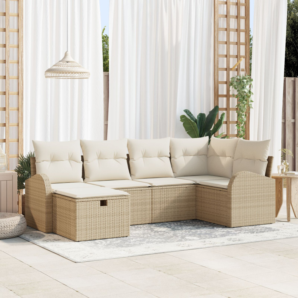 Produktbild för Trädgårdsoffset med kudde med lagring 6 pcs Beige Poly rattan