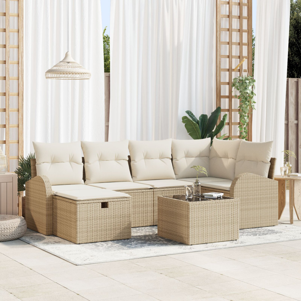 Produktbild för Trädgårdsoffset med kudde med lagring 7 pcs Beige Poly rattan