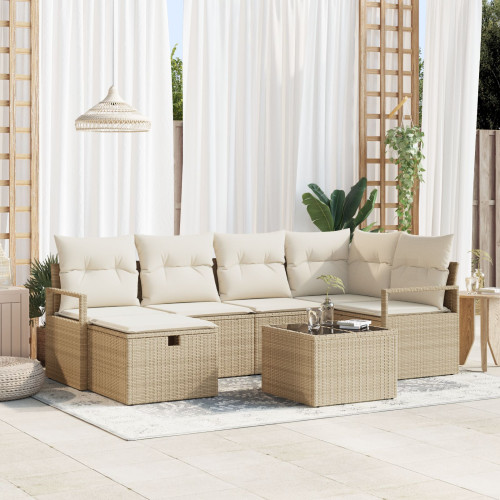 vidaXL Trädgårdsoffset med kudde med lagring 7 pcs Beige Poly rattan