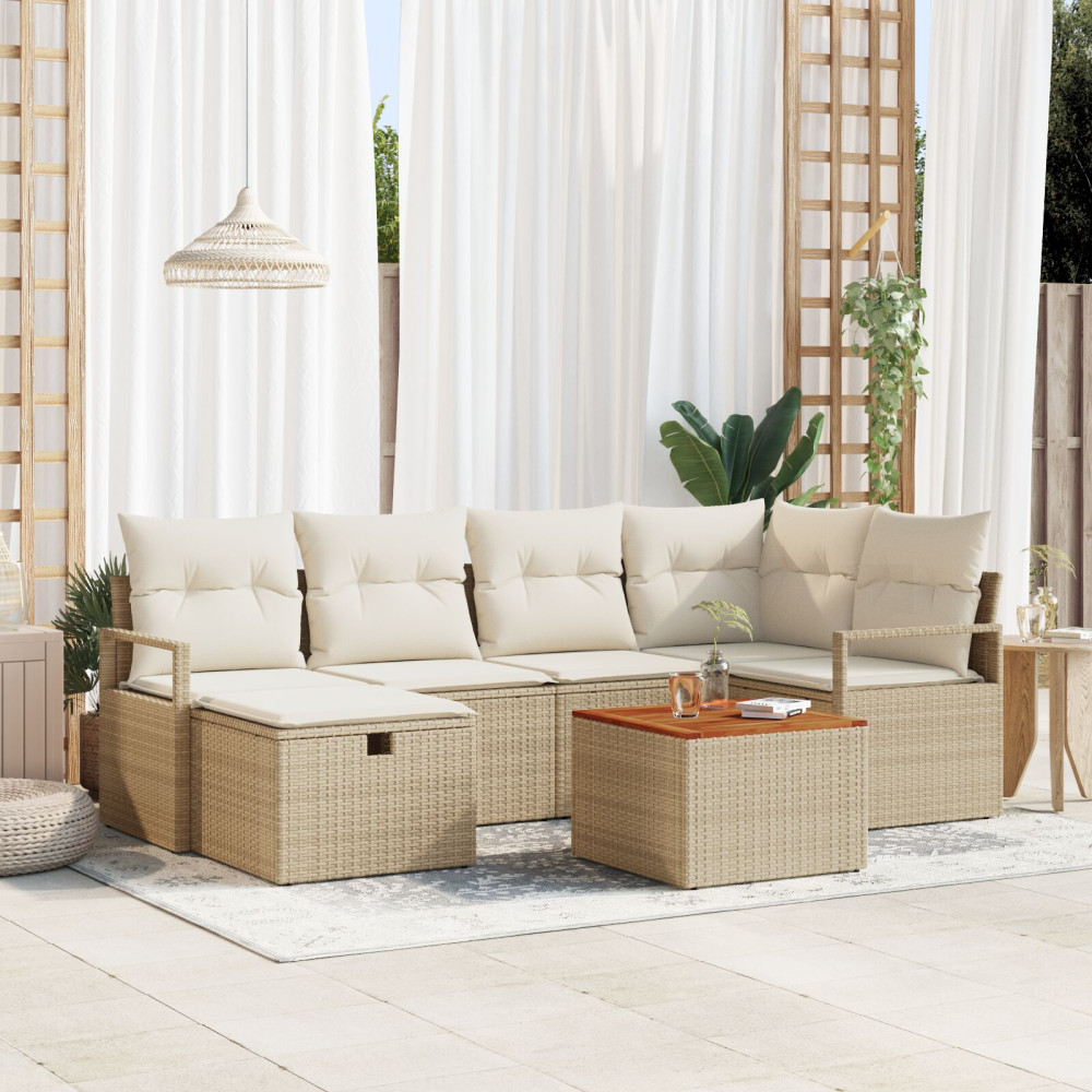 Produktbild för Trädgårdsoffset med kudde med lagring 7 pcs Beige Poly rattan
