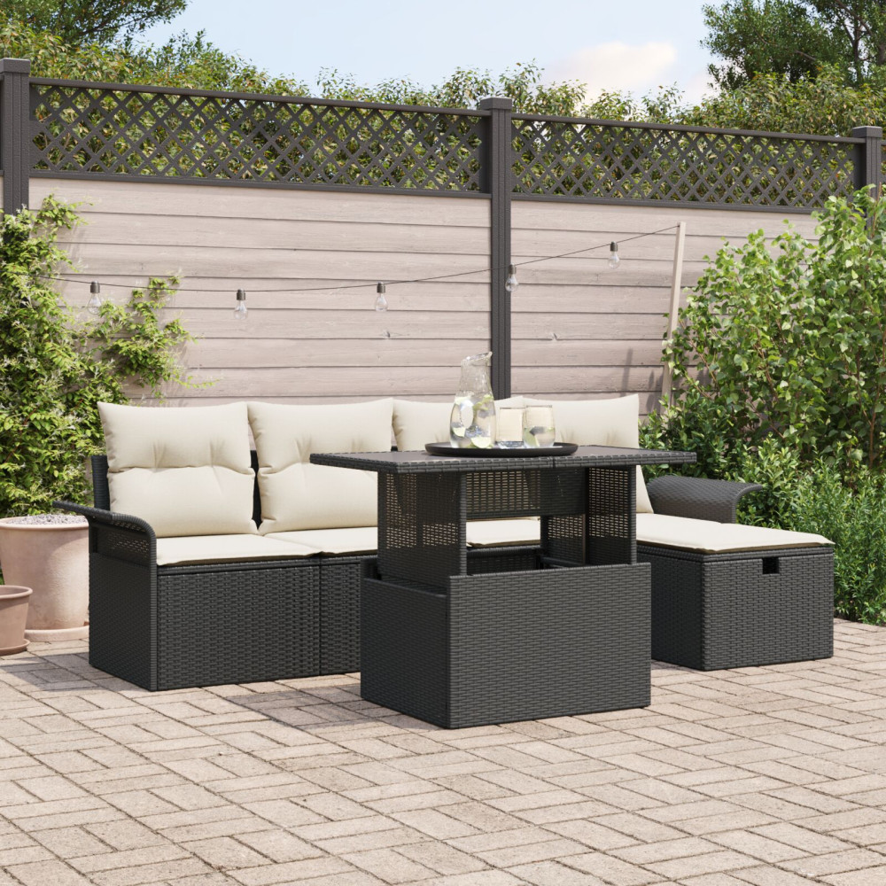 Produktbild för Trädgårdsoffset med kudde med lagring 6 pcs Svart Poly rattan