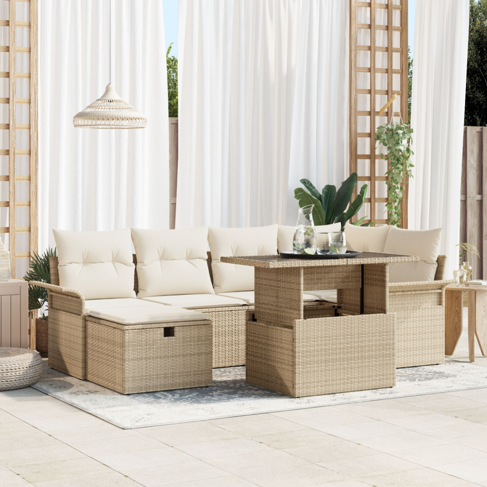Produktbild för Trädgårdsoffset med kudde med lagring 7 pcs Beige Poly rattan
