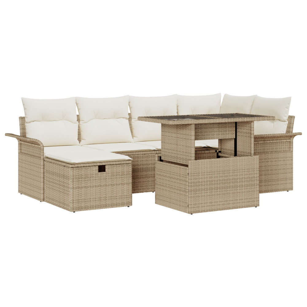 Produktbild för Trädgårdsoffset med kudde med lagring 7 pcs Beige Poly rattan