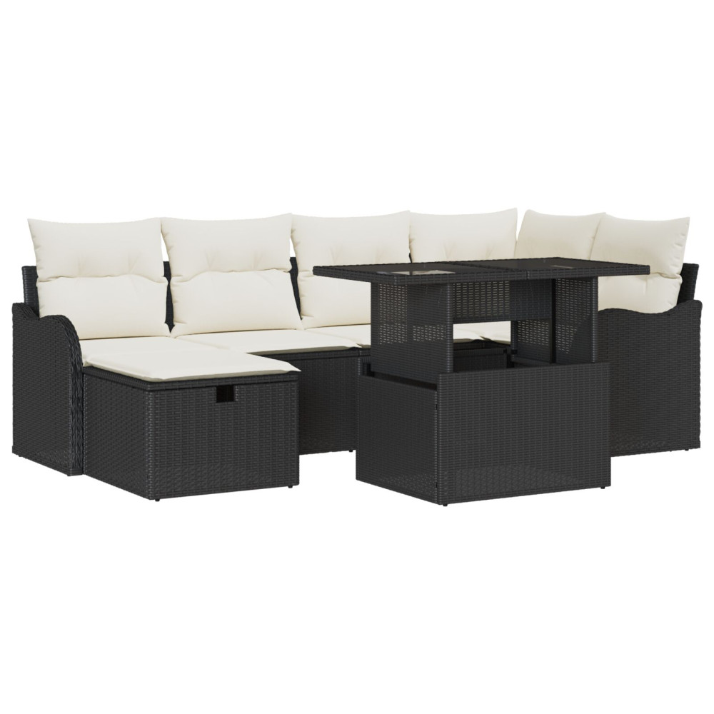 Produktbild för Trädgårdsoffset med kudde med lagring 7 pcs Svart Poly rattan