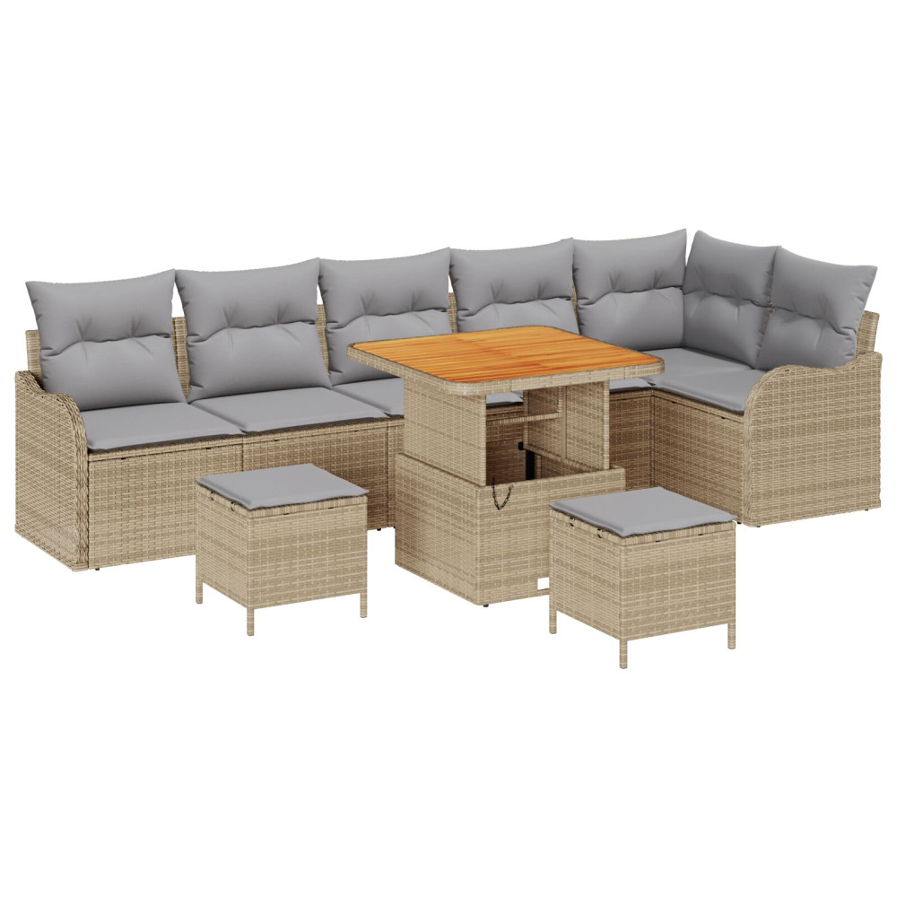 Produktbild för Trädgårdsoffset med kudde 9 pcs Beige konstrotting