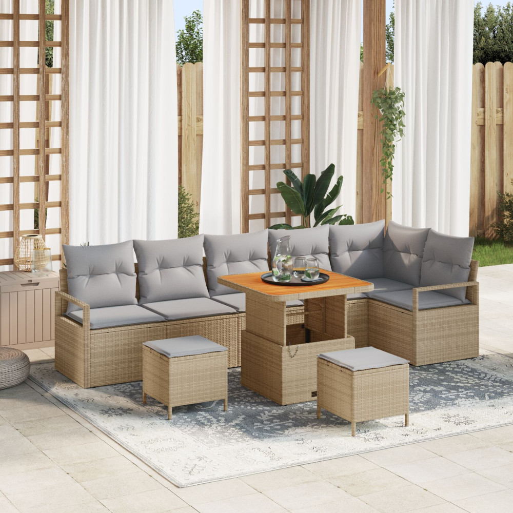 Produktbild för Trädgårdsoffset med kudde 9 pcs Beige Poly rattan