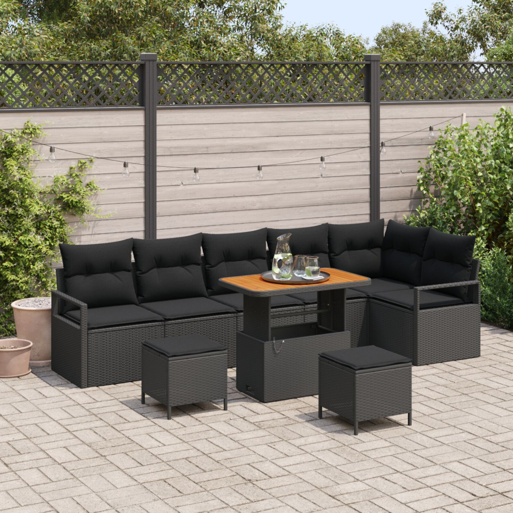 Produktbild för Trädgårdsoffset med kudde 9 pcs Svart Poly rattan
