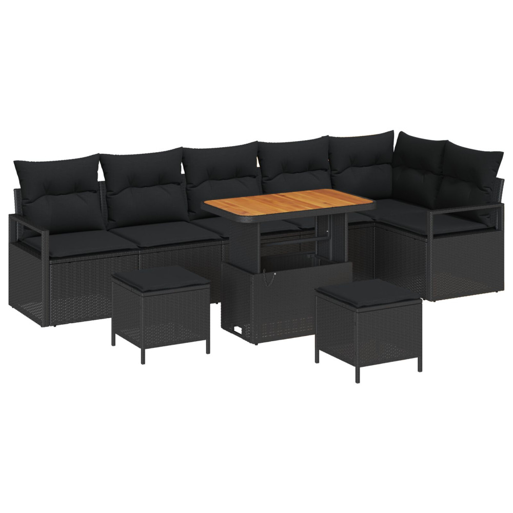 Produktbild för Trädgårdsoffset med kudde 9 pcs Svart Poly rattan