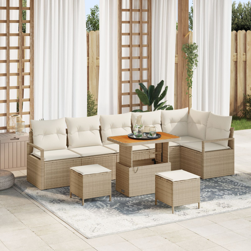Produktbild för Trädgårdsoffset med kudde 9 pcs Beige Poly rattan