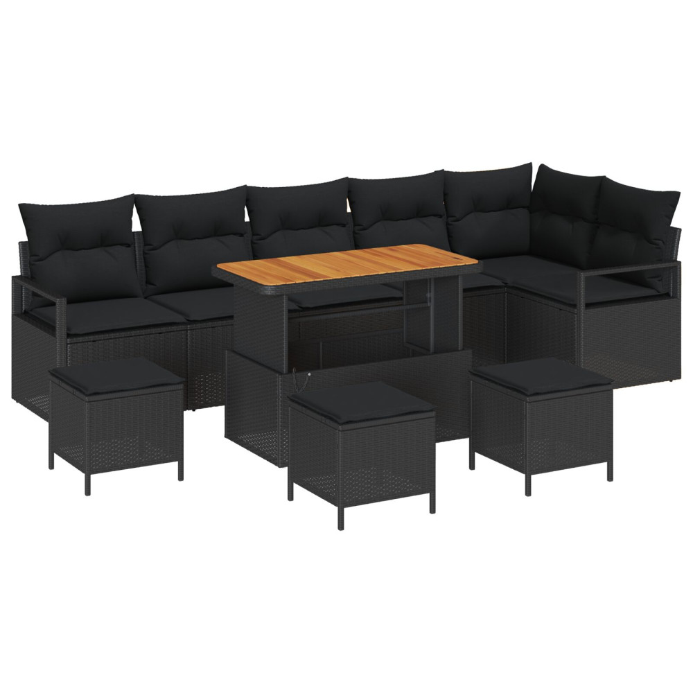 Produktbild för Trädgårdsoffset med kudde 10 pcs Svart Poly rattan