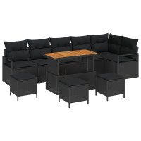 Produktbild för Trädgårdsoffset med kudde 10 pcs Svart Poly rattan