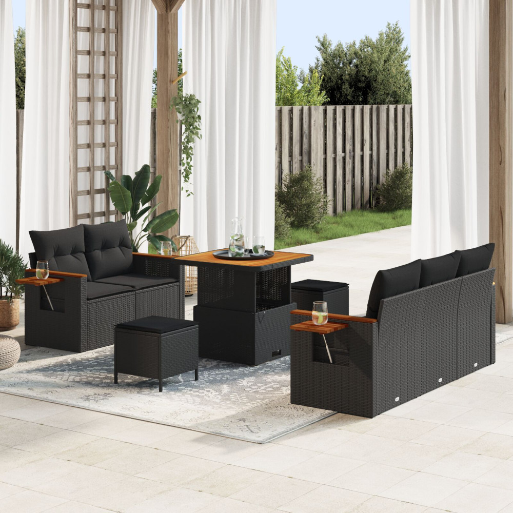 Produktbild för Trädgårdsoffset 8 pcs Svart Poly Rattan och Pulverlackerad Stål