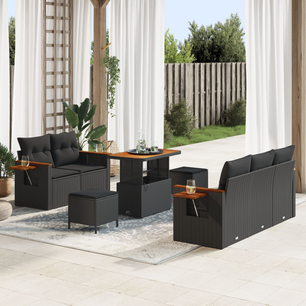 Produktbild för Trädgårdsoffset 8 pcs Svart Poly Rattan och Pulverlackerad Stål
