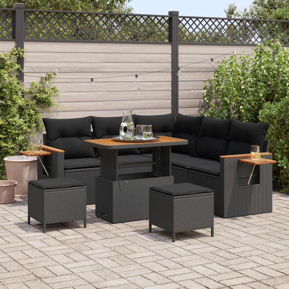Produktbild för Trädgårdsoffset 8 pcs Svart Poly Rattan och Pulverlackerad Stål