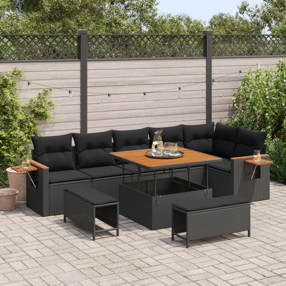 Produktbild för Trädgårdsoffset 9 pcs Svart Poly Rattan och Pulverlackerad Stål