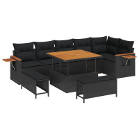Produktbild för Trädgårdsoffset 9 pcs Svart Poly Rattan och Pulverlackerad Stål